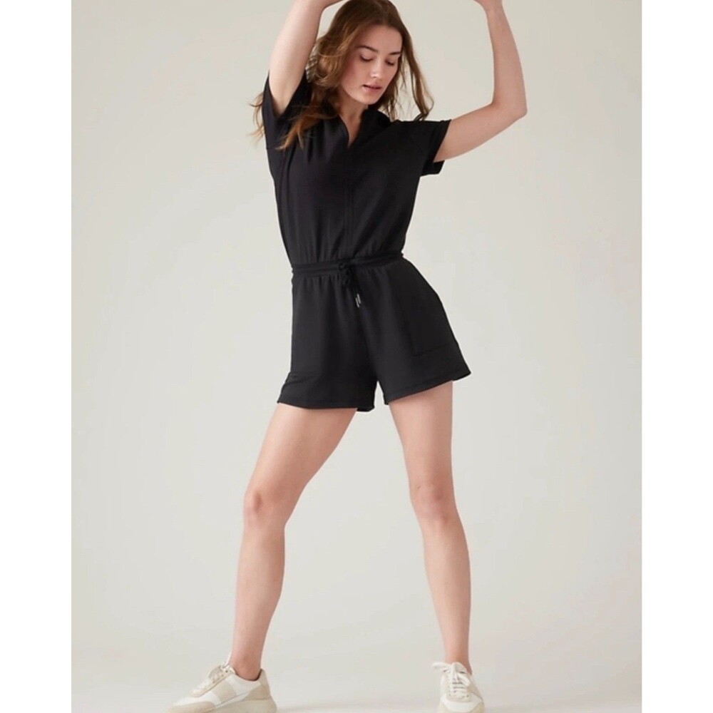 Athleta Balance Romper Women's Large Black Stretch Tie-Waist V-Neck Athleisure